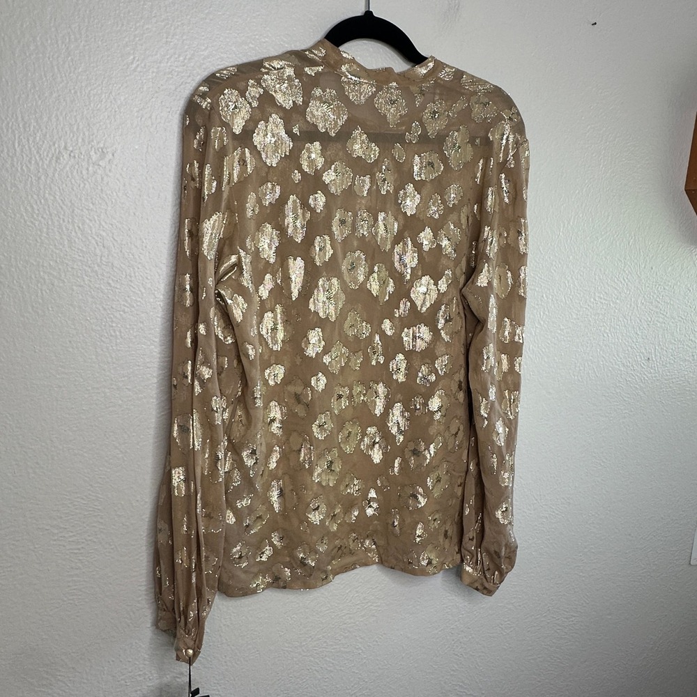 Saint Laurent Lamé Flowers Silk Blouse Gold Metallic Tie Neck Size 36 NWT - Picture 9 of 9